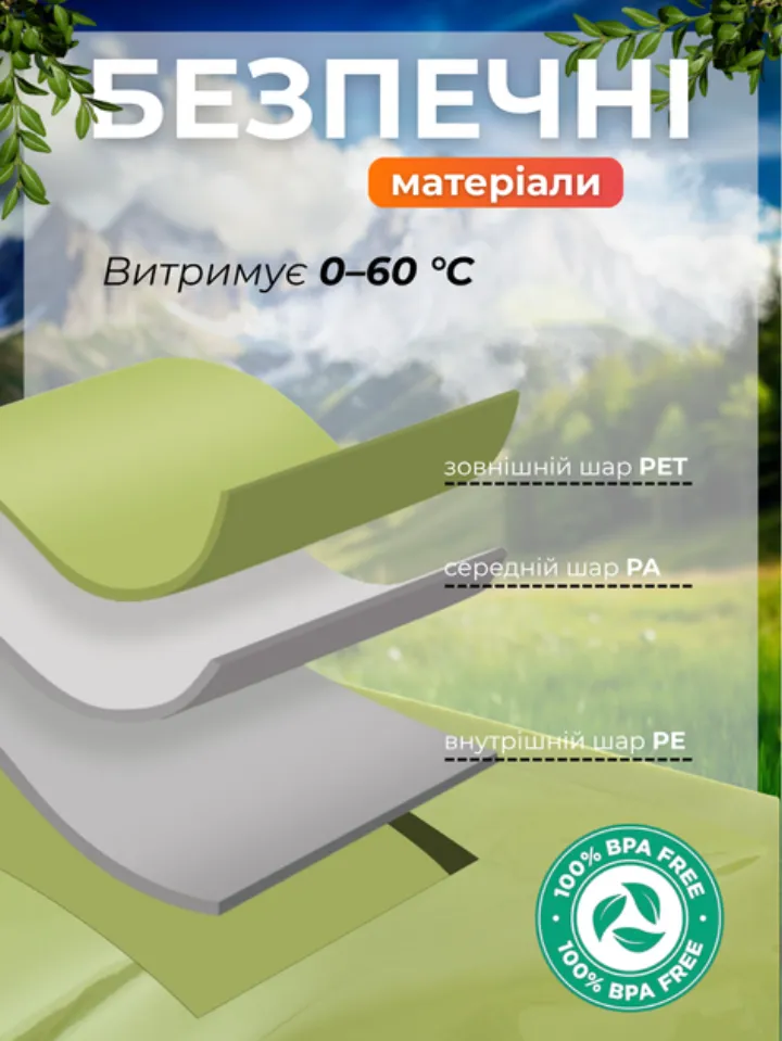 Три шари пластику PET, PA, PE — 100% BPA free