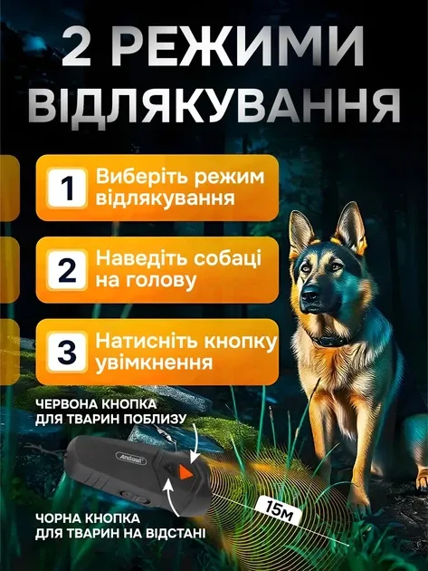 Два режими відлякування: наведіть на собаку і натисніть кнопку, дальність до 15 м