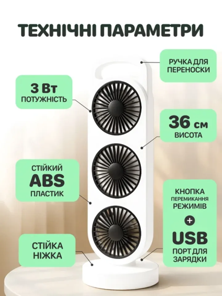 Технічні параметри: 3 Вт, 36 см, ABS пластик, ручка для переноски, USB