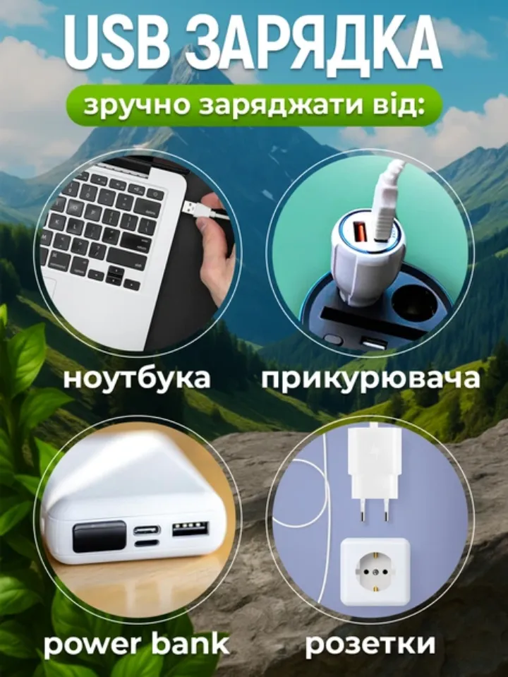 USB-живлення від ноутбука, повербанка, прикурювача або розетки