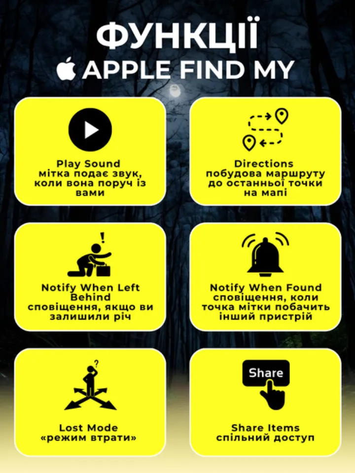 Функції Apple Find My: Play Sound, Directions, Notify When Left Behind, Lost Mode, Share Items