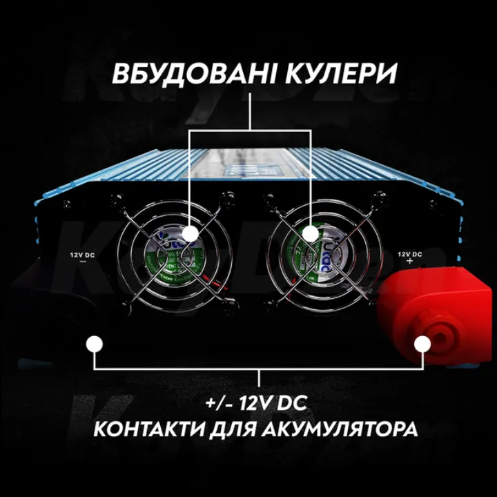 Вбудовані кулери охолодження та клеми підключення до акумулятора 12В