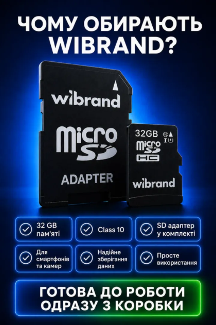 Чому обирають Wibrand: 32 ГБ пам'яті, Class 10, SD-адаптер у комплекті