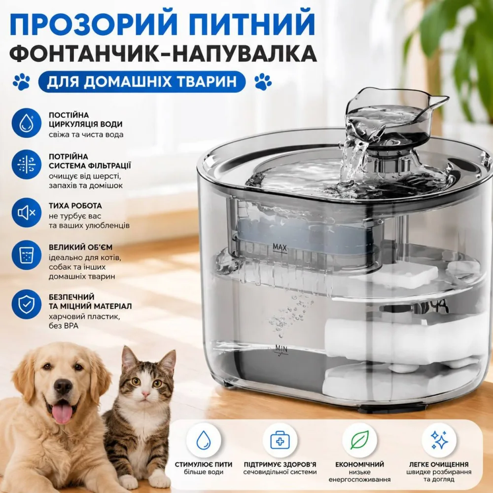 Питний фонтан-напувалка для котів і собак, 2,2 л