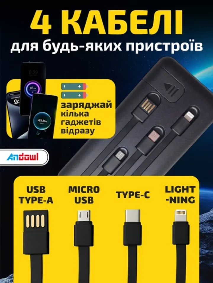 4 вбудовані кабелі: USB Type-A, Micro-USB, Type-C, Lightning