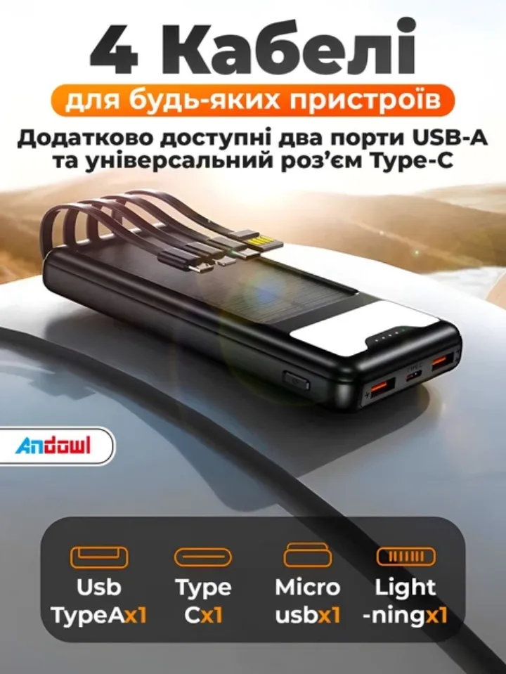 4 вбудовані кабелі: Type-C, Lightning, Micro-USB, USB-A