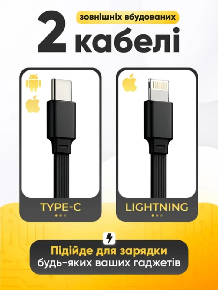 Два вбудовані кабелі: Type-C і Lightning