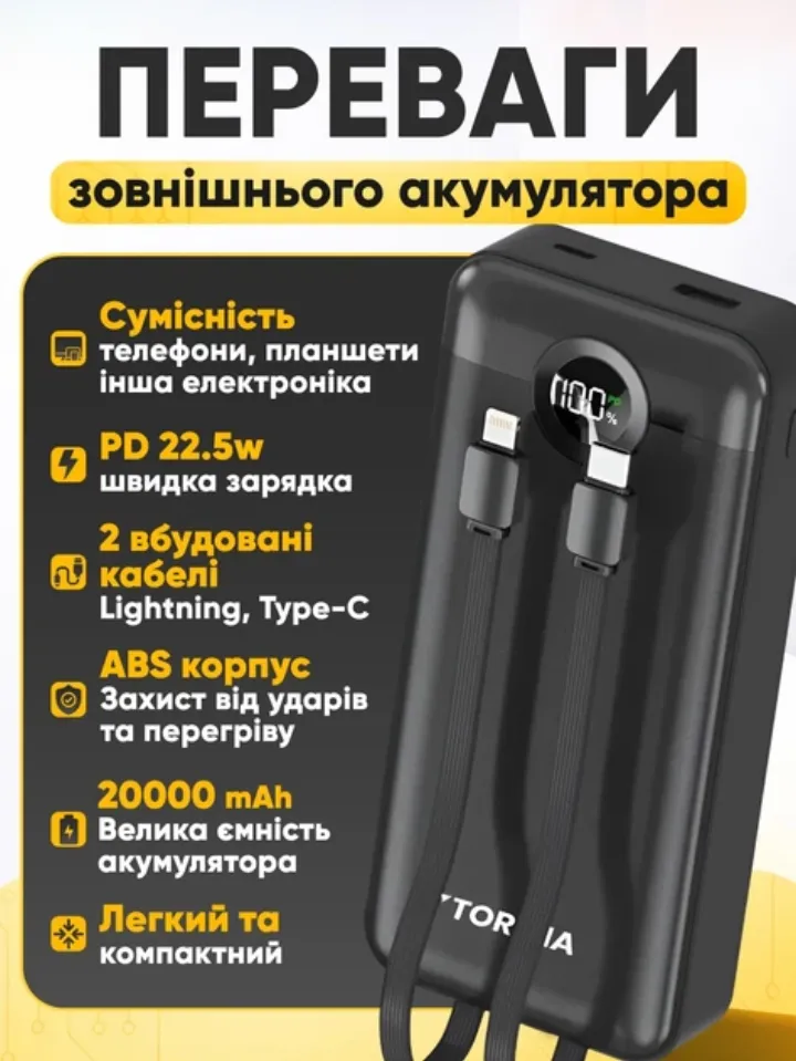 Переваги зовнішнього акумулятора: сумісність, швидка зарядка, вбудовані кабелі, міцний корпус