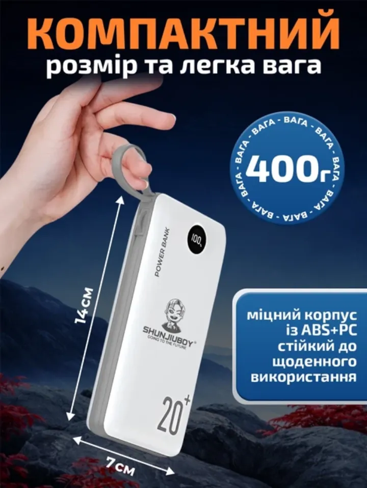 Компактний розмір та легка вага повербанка — 396 г
