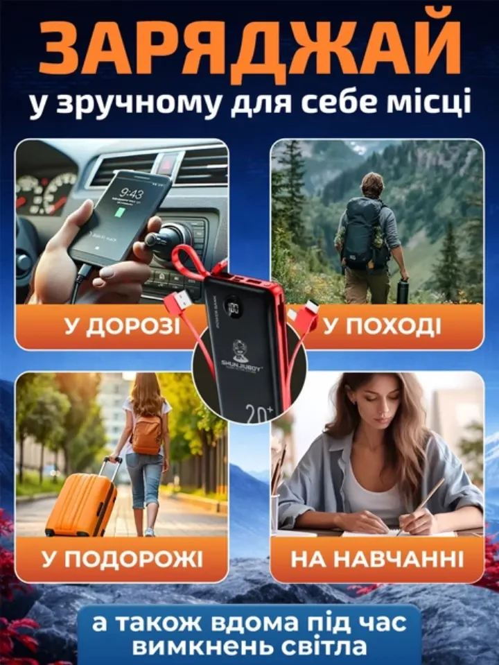 Заряджай у дорозі, в поході, в подорожі, на навчанні та вдома під час відключень