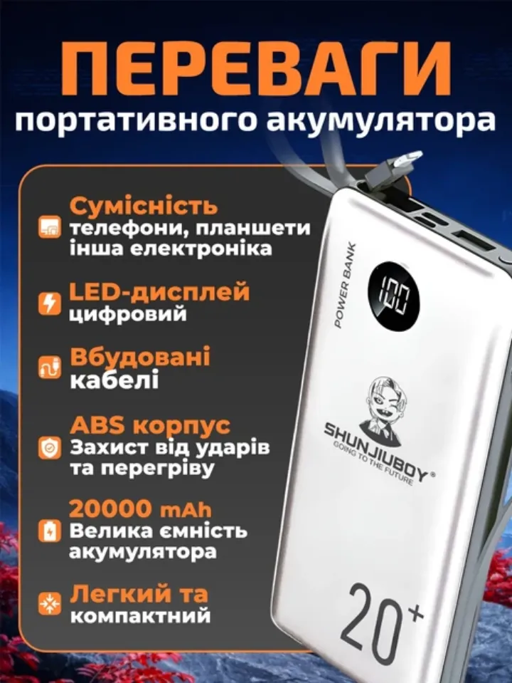 Переваги повербанка: сумісність, LED дисплей, вбудовані кабелі, ABS корпус, 20000 mAh