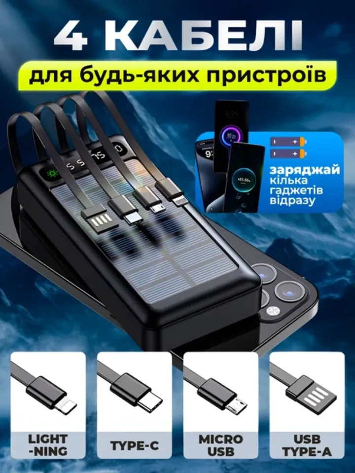 4 вбудовані кабелі: Lightning, Type-C, Micro-USB, USB Type-A