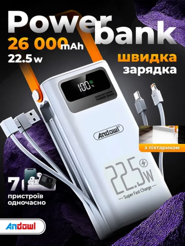 Повербанк 26000 мАг зі швидкою зарядкою, ліхтариком та дисплеєм