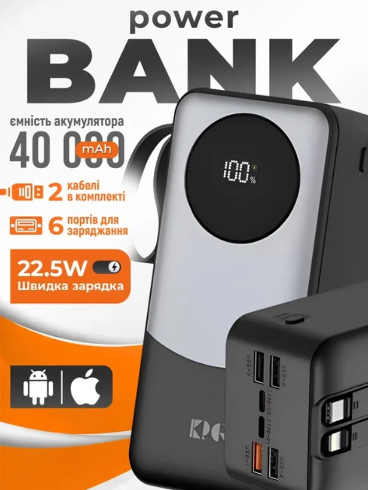 Повербанк 40000 мАг зі швидкою зарядкою 22.5W та вбудованими кабелями