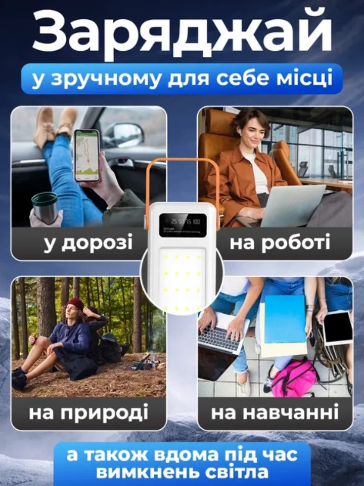Заряджай у зручному місці: у дорозі, на роботі, на природі, вдома під час відключень