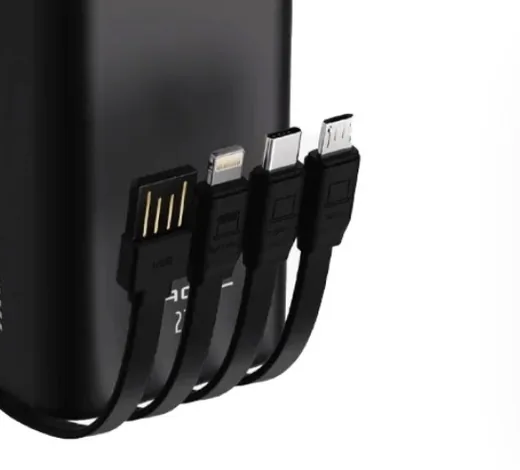 Чотири вбудовані кабелі павербанка: USB-A, Lightning, Type-C, Micro-USB
