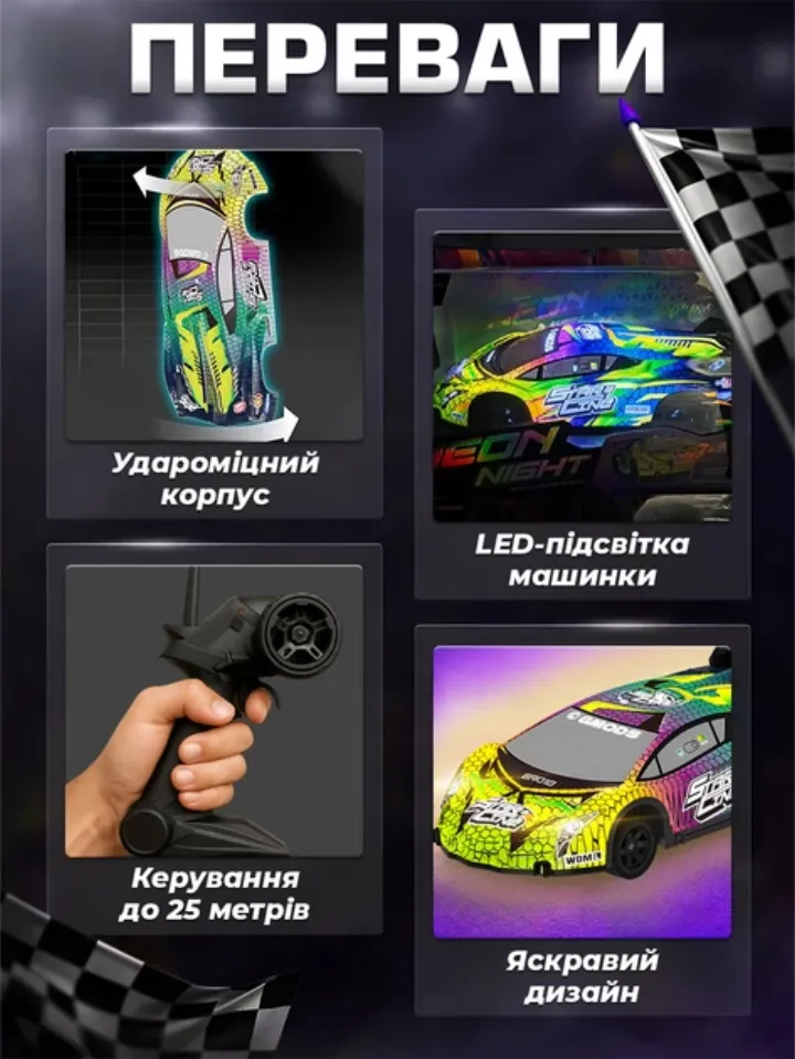 Переваги дрифтової машинки: ударостійкий корпус, LED-підсвітка, керування до 25 метрів, яскравий дизайн