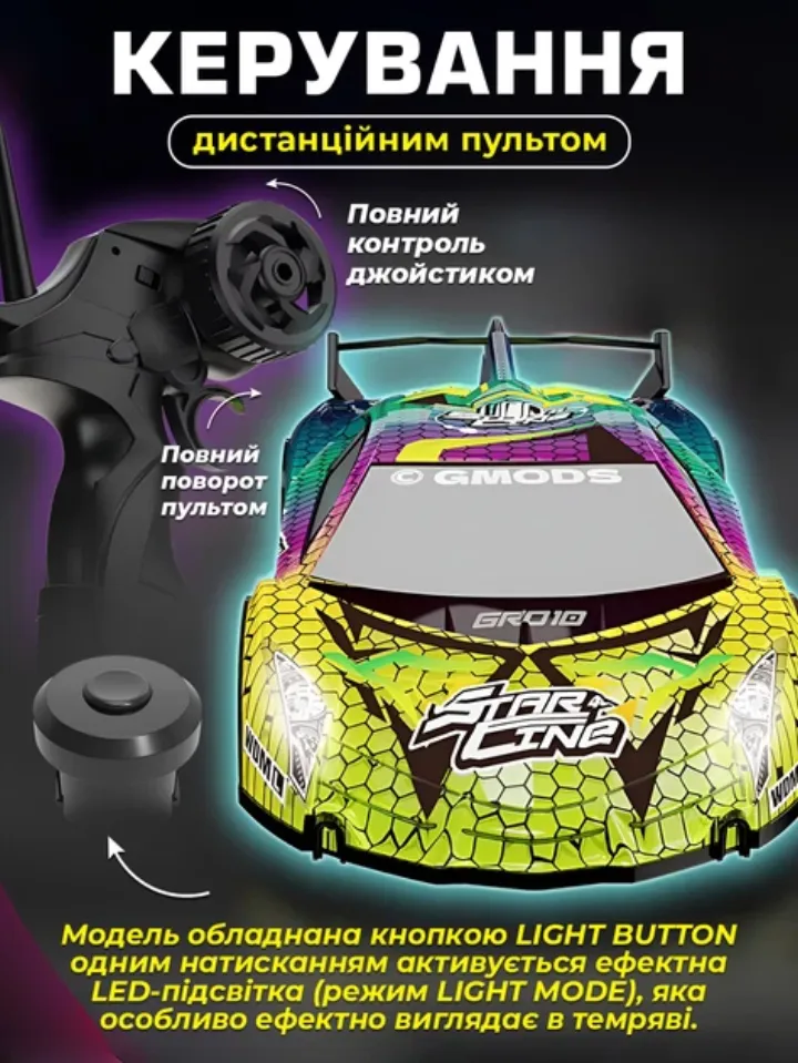Керування дрифтовою машинкою дистанційним пультом, кнопка LIGHT BUTTON вмикає LED-підсвітку