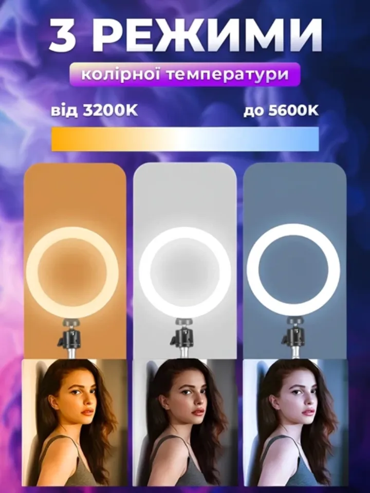 3 режими кольорової температури кільцевої лампи від 3200K до 5600K