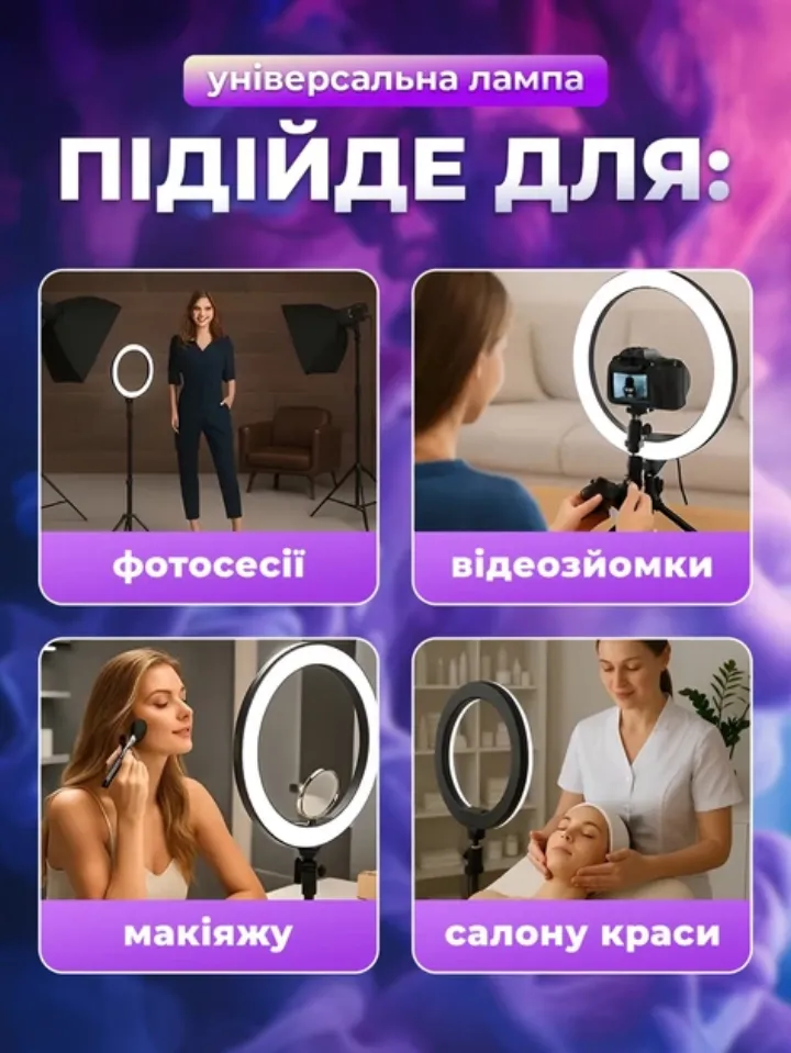 Кільцева лампа підійде для фотосесій, відеозйомок, макіяжу та салону краси