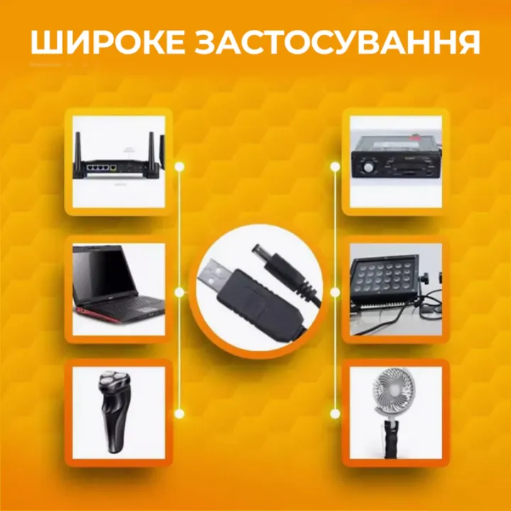 Широке застосування: роутер, авто-магнітола, ноутбук, прожектор, електробритва, вентилятор