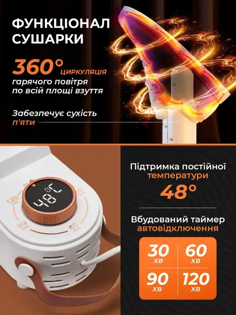 Таймер і температура: 360° циркуляція повітря, до 48°C, авто-вимкнення
