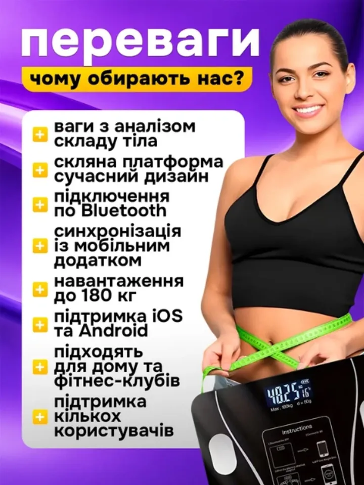 Переваги: аналіз складу тіла, скляна платформа, Bluetooth, до 180 кг
