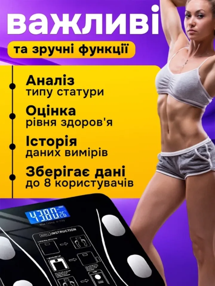Функції: аналіз статури, оцінка здоров'я, історія вимірів, до 8 користувачів