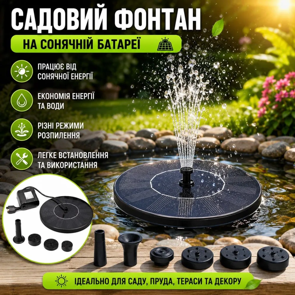 Садовий фонтан на сонячній батареї, 16 см, 6 насадок