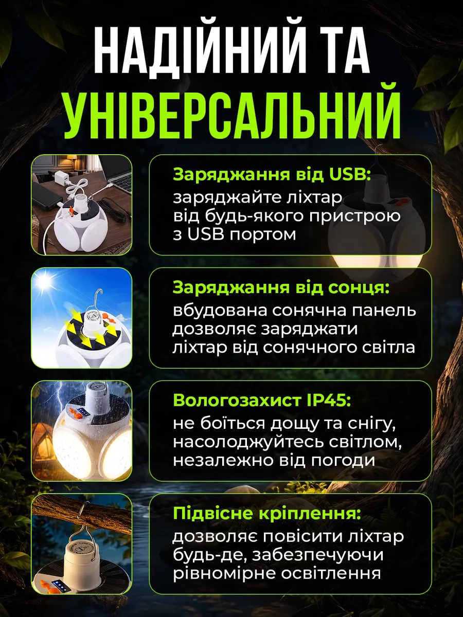 Заряджання від USB і від сонця, вологозахист IP45, підвісне кріплення