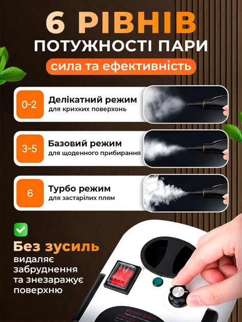6 рівнів потужності пари: делікатний, базовий, турбо