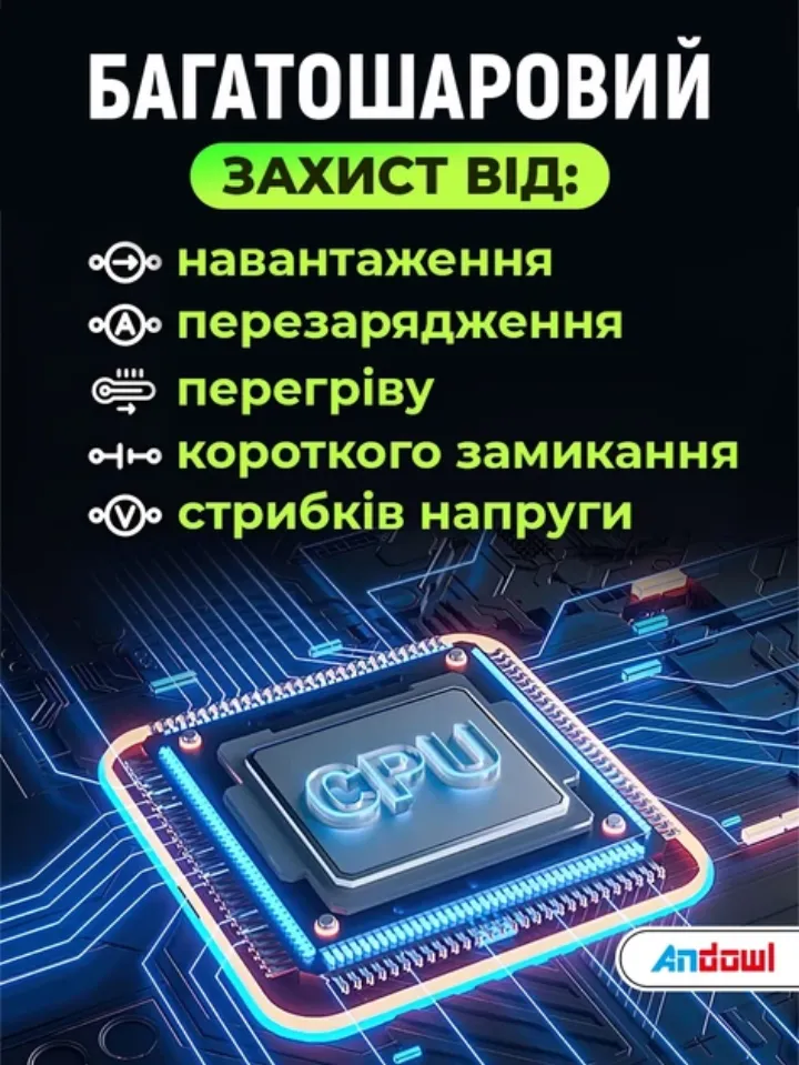 Захист від навантаження, перезарядження, перегріву, короткого замикання, стрибків напруги