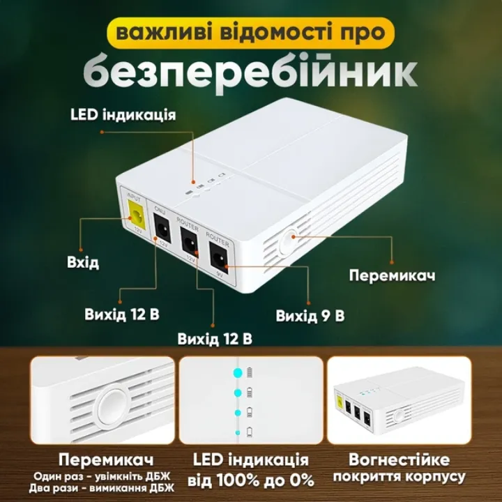 LED-індикація заряду, перемикач та вогнестійкий корпус