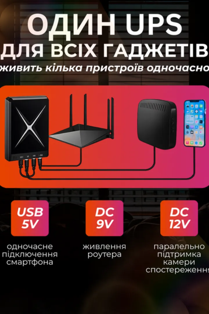 Один UPS для всіх гаджетів: USB 5V, DC 9V, DC 12V одночасно
