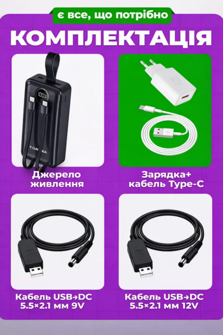 Комплектація: UPS-повербанк, зарядка Type-C та кабелі USB до DC 9В і 12В