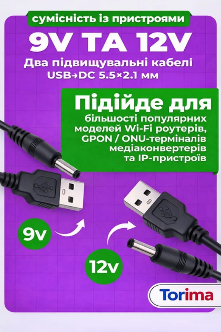 Сумісність із роутерами на 9В та 12В: кабелі USB до DC у комплекті
