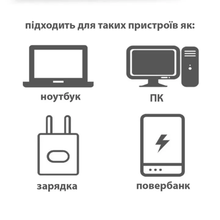 Сумісність: ноутбук, ПК, зарядка, повербанк