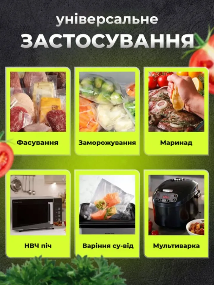 Універсальне застосування: фасування, заморожування, маринад, su-vide, мультиварка