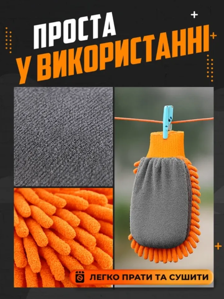 Рукавичку легко прати та сушити — мікрофібра і шеніл крупним планом