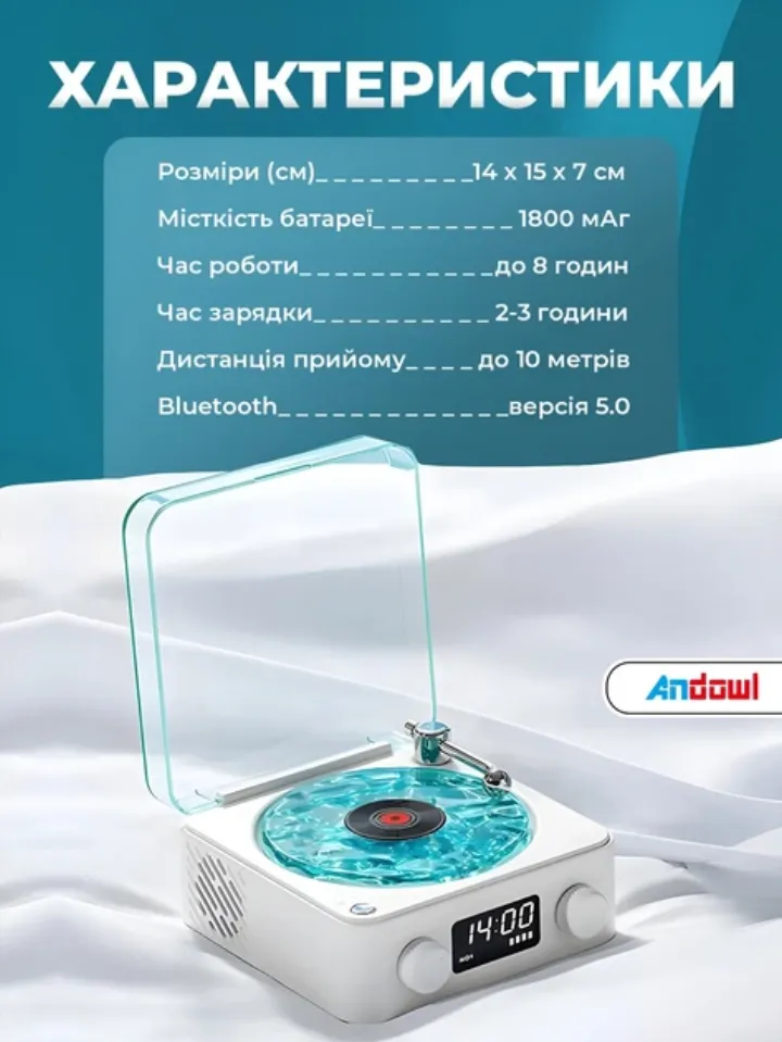 Характеристики: 14х15х7 см, 1800 мАг, до 8 годин, Bluetooth 5.0